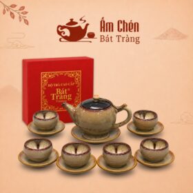 Bộ Ấm Chén Hỏa Biến Men Vàng Nâu Dáng Bưởi Hoa Nở Lòng Chén HB-10