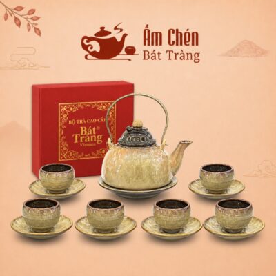 Bộ Ấm Trà Men Hỏa Biến Gấm Vàng Dáng Chuông Quai Cầm HB-04