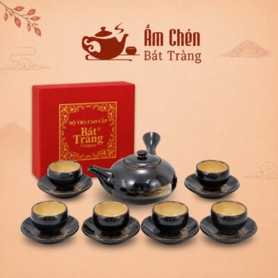Bộ Ấm Chén Trà Men Hỏa Biến Màu Đen Dáng Đốt Chuôi 250ml HB-11