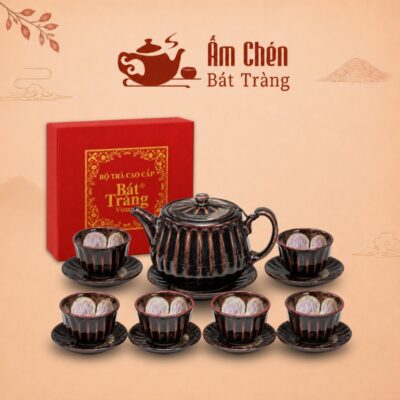Bộ Ấm Chén Men Hỏa Biến Nâu Đen Dáng Múi Lá HB-13