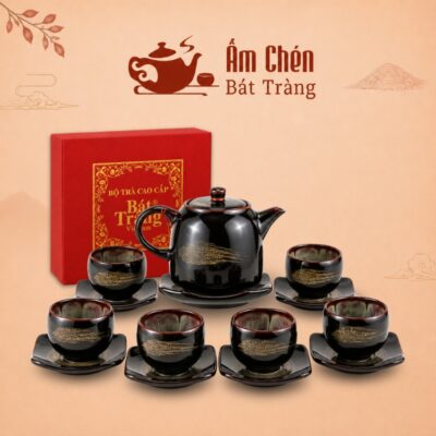 Bộ Ấm Chén Hỏa Biến Nâu Đen Họa Tiết Vệt Xước Vàng Kim HB-15
