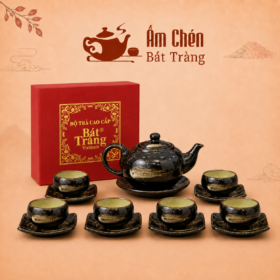 Bộ Ấm Tách Trà Hỏa Biến Nâu Đen Dáng Quả Hồng Xước Vàng Kim HB-01