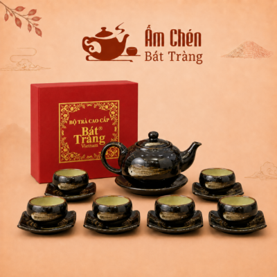 Bộ Ấm Tách Trà Hỏa Biến Nâu Đen Dáng Quả Hồng Xước Vàng Kim HB-01