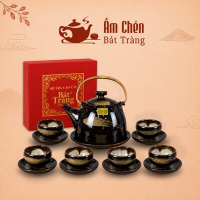 Bộ Ấm Chén Hỏa Biến Quai Đồng Họa Tiết Xước Vàng Kim HB-16