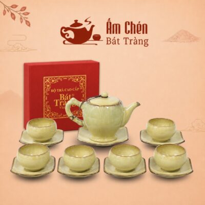 Bộ Ấm Chén Trà Bát Tràng Men Hỏa Biến Gấm Vàng Kem HB-05