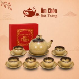 Bộ Trà Sứ Men Hỏa Biến Vàng Nâu Họa Tiết Hoa Nở Trong Lòng Chén HB-09