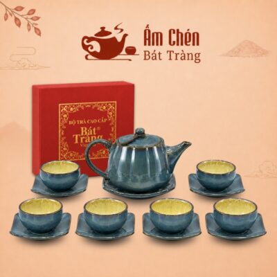 Bộ Trà Sứ Bát Tràng Men Hỏa Biến Xanh Dáng Quả Hồng HB-02