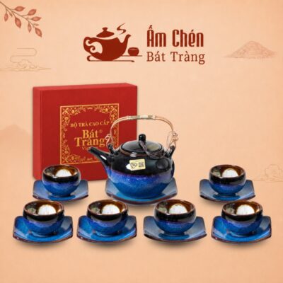 Bộ Ấm Chén Men Hỏa Biến Xanh Đen Dáng Bưởi HB-08