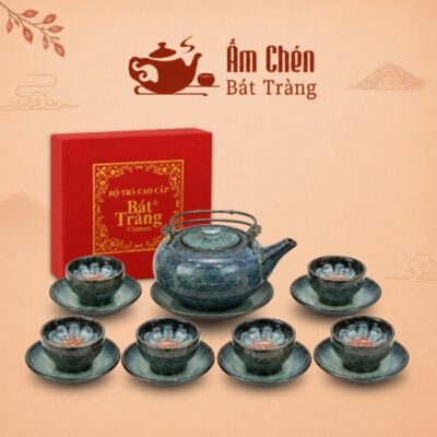 Bộ Trà Sứ Men Hỏa Biến Xanh Đen Quai Đồng HB-17