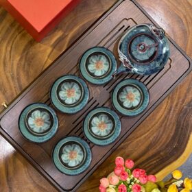 Bộ Trà Sứ Men Hỏa Biến Xanh Đen Quai Đồng HB-17