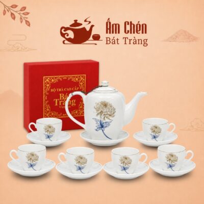 Bộ Trà Sứ Họa Tiết Hoa Cúc Cổ Vẽ Tay Vàng Kim Men Trắng VT-04
