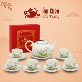 Bộ Ấm Chén Trà Họa Tiết Hoa Sen Vẽ Tay Sứ Trắng Bát Tràng VT-01