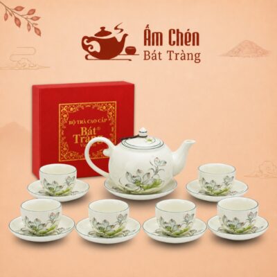 Bộ Ấm Chén Trà Họa Tiết Hoa Sen Vẽ Tay Sứ Trắng Bát Tràng VT-01