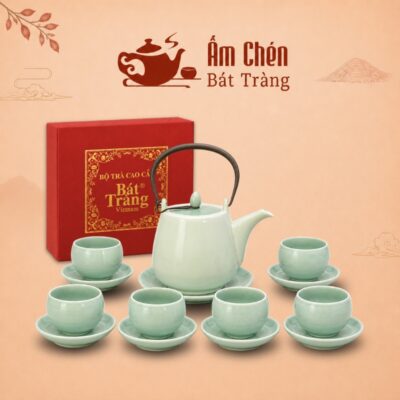 Bộ Ấm Chén Trắng Phối Xanh Ngọc Bích Quai Đồng ACT-01