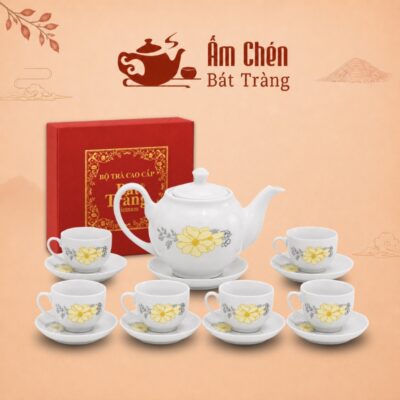 Bộ Trà Sứ Vẽ Tay Hoa Trà Vàng Men Trắng Dáng Camellia 650ml VT-05