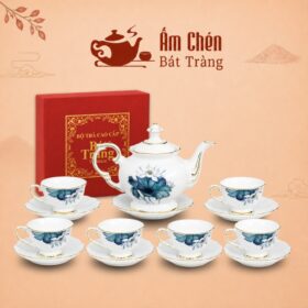 Bộ Ấm Tách Trà Đài Cát Vẽ Tay Hoa Sen Kẻ Chỉ Vàng VT-11