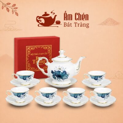 Bộ Ấm Tách Trà Đài Cát Vẽ Tay Hoa Sen Kẻ Chỉ Vàng VT-11