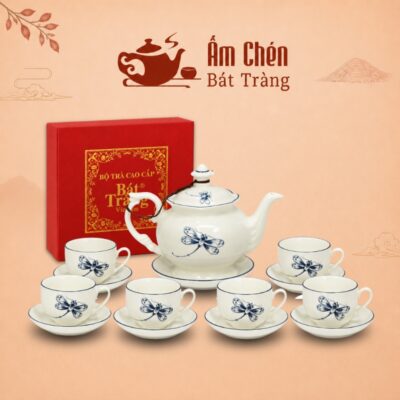 Bộ Ấm Chén Vẽ Tay Họa Tiết Chuồn Xanh Dáng Đài Cát Men Kem VT-03