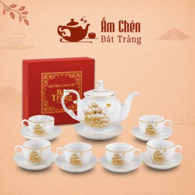 Bộ Trà Sứ Thuyền Buồm Xuôi Gió Vẽ Vàng Dáng Đài Cát VT-13