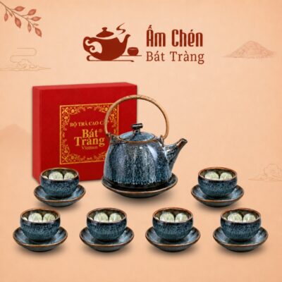 Bộ Trà Sứ Hỏa Biến Xanh Rêu Quai Đồng Hoa Nở Lòng Chén HB-14