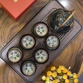 Bộ Trà Sứ Hỏa Biến Xanh Rêu Quai Đồng Hoa Nở Lòng Chén HB-14
