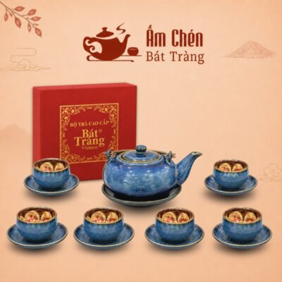 Bộ Trà Sứ Men Hỏa Biến Xanh Dương Họa Tiết Hoa Nở Lòng Chén HB-03
