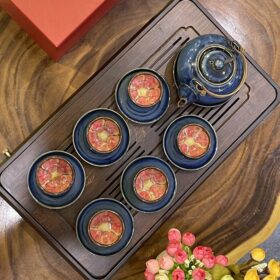Bộ Trà Sứ Men Hỏa Biến Xanh Dương Họa Tiết Hoa Nở Lòng Chén HB-03