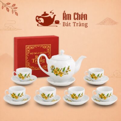 Bộ Trà Sứ Vẽ Tay Hoa Mai Vàng Dáng Camellia 650ml VT-08