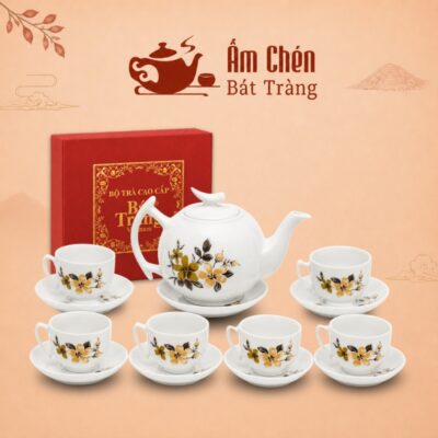 Bộ Trà Vẽ Tay Hoa Vàng Men Trắng Dáng Bưởi Cành VT-09