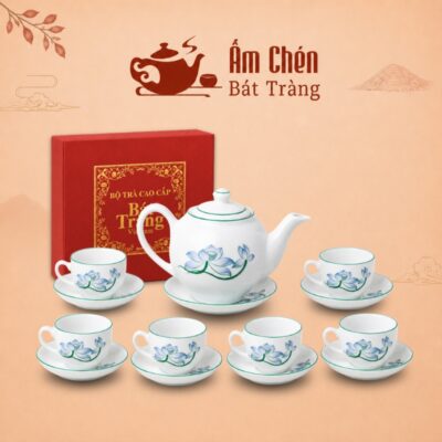Bộ Ấm Tách Pha Trà Vẽ Tay Hoa Sen Kẻ Chỉ Xanh Dáng Camellia VT-21