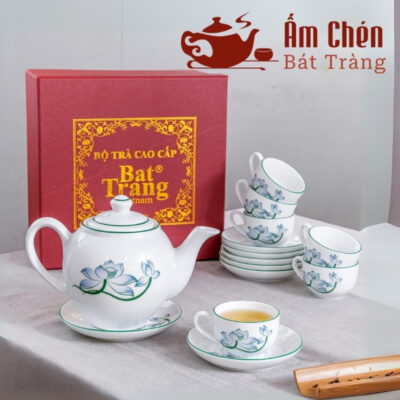Bộ Ấm Tách Pha Trà Vẽ Tay Hoa Sen Kẻ Chỉ Xanh Dáng Camellia VT-21