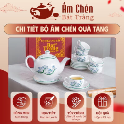 Đặc điểm bộ ấm tách pha trà vẽ tay hoa sen kẻ chỉ xanh dáng camellia VT-21
