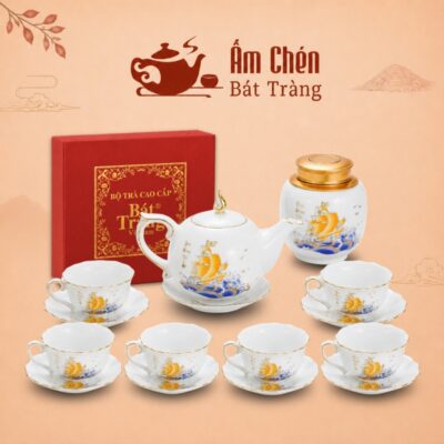 Bộ Ấm Tách Trà Thuận Buồm Xuôi Gió Kẻ Chỉ Vàng Dáng Bưởi Lửa VT-30