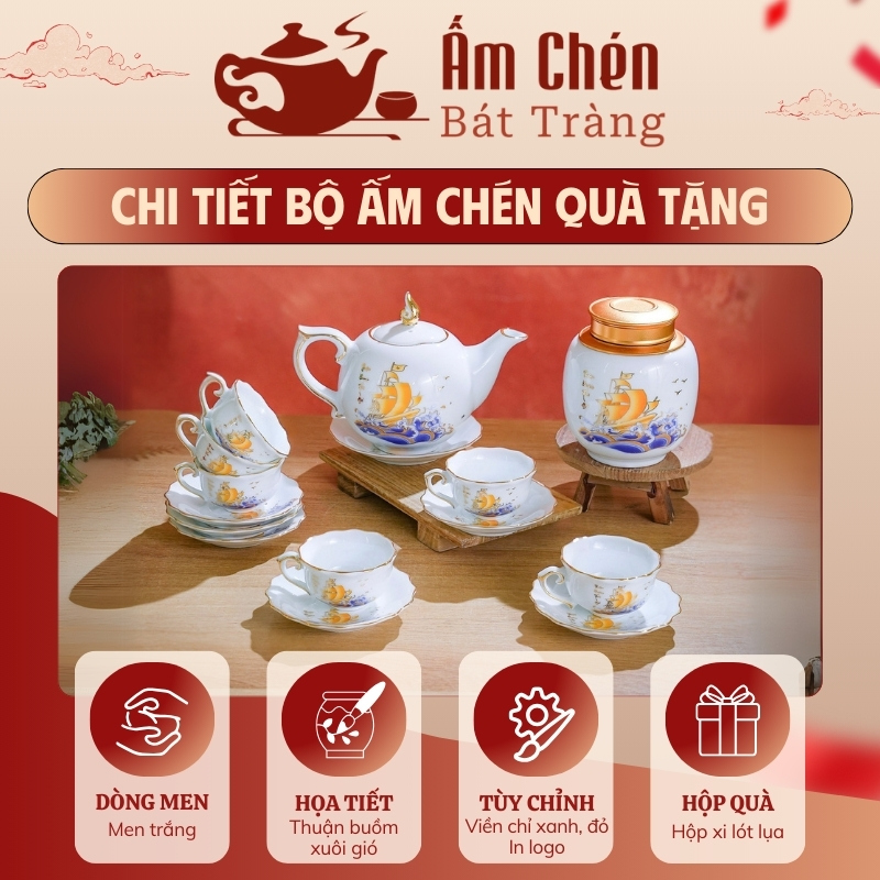 Đặc điểm bộ ấm tách trà thuận buồm xuôi gió kẻ chỉ vàng dáng bưởi lửa VT-30