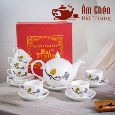 Bộ Ấm Tách Trà Vẽ Hoa Xám Màu Dáng Bưởi Lửa VT-27