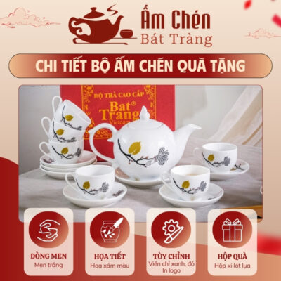 Đặc điểm bộ ấm tách trà vẽ hoa xám màu dáng bưởi lửa VT-27