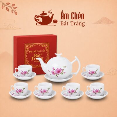 Bộ Ấm Tách Trà Vẽ Tay Hoa Đào Tím Dáng Bưởi Cành VT-26