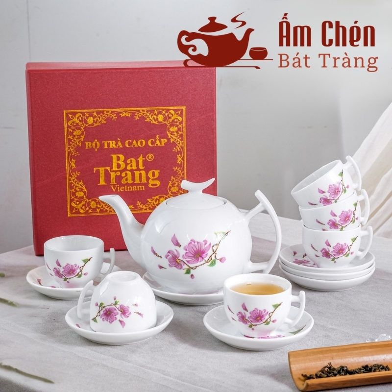 Bộ Ấm Tách Trà Vẽ Tay Hoa Đào Tím Dáng Bưởi Cành VT-26