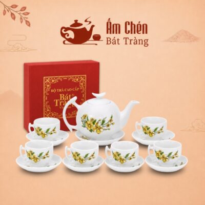 Bộ Ấm Tách Trà Vẽ Tay Hoa Mai Vàng Dáng Bưởi Cành VT-16