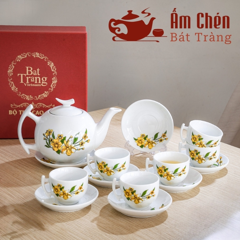 Bộ Ấm Tách Trà Vẽ Tay Hoa Mai Vàng Dáng Bưởi Cành VT-16