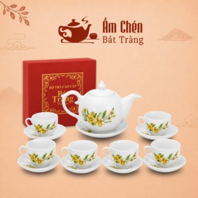 Bộ Ấm Tách Trà Vẽ Tay Hoa Mai Vàng Dáng Bưởi Lửa VT-15