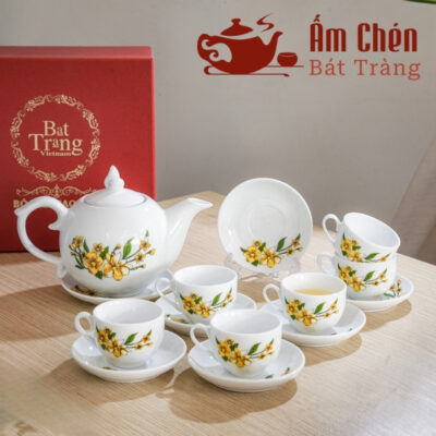 Bộ Ấm Tách Trà Vẽ Tay Hoa Mai Vàng Dáng Bưởi Lửa VT-15