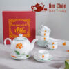Bộ Ấm Tách Trà Vẽ Tay Hoa Sen Kẻ Chỉ Xanh Dáng Camellia VT-23