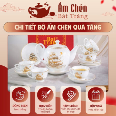 Đặc điểm bộ trà sứ thuận buồm xuôi gió vẽ vàng dáng camellia VT-29