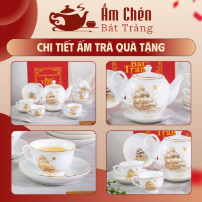 Cận cảnh họa tiết thuận buồm xuôi gió kẻ chỉ vàng tinh tế trên bộ trà