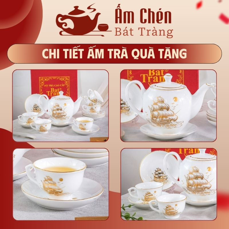 Cận cảnh họa tiết thuận buồm xuôi gió kẻ chỉ vàng tinh tế trên bộ trà
