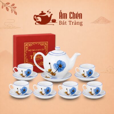 Bộ Trà Sứ Vẽ Tay Hoa Màu Xanh Kẻ Chỉ Xanh Dáng Camellia VT-22