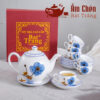 Bộ Trà Sứ Vẽ Tay Hoa Màu Xanh Kẻ Chỉ Xanh Dáng Camellia VT-22