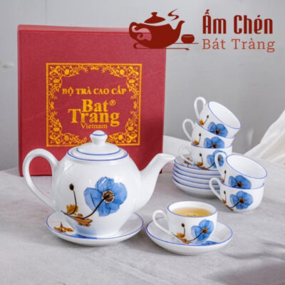 Bộ Trà Sứ Vẽ Tay Hoa Màu Xanh Kẻ Chỉ Xanh Dáng Camellia VT-22
