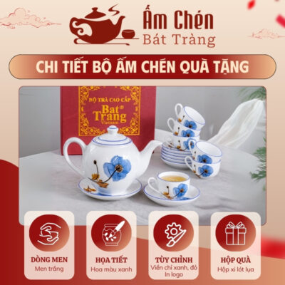 Đặc điểm bộ trà sứ vẽ tay hoa anh túc kẻ chỉ xanh dáng camellia VT-22